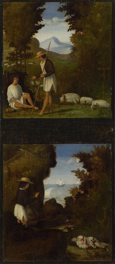 来自Tebaldeos贵族的场面。提尔西斯（Thyrsis）找到达蒙尸体1510 作者 安德里亚·普雷维塔利（Andrea Previtali）