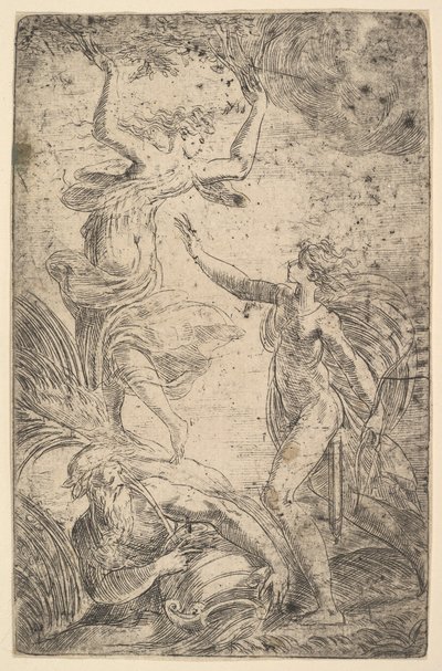 右边的阿波罗（Apollo）手持弓追逐达芙妮（Daphne）在左边，大约。 1538-40。 作者 安德里亚·夏维亚（Andrea Schiavone）
