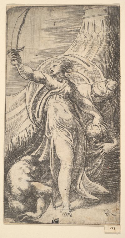 朱迪思（Judith）的剑在右手举起，将霍洛弗内斯（Holofernes）的头放在萨克... 1542-45。 作者 安德里亚·夏维亚（Andrea Schiavone）