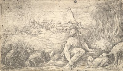 摩西和燃烧的灌木丛，约。 1544-47。 作者 安德里亚·夏维亚（Andrea Schiavone）