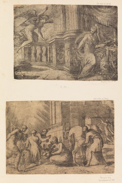 天使报喜》，牧羊人的崇拜，约在1552年之后。1552 . 作者 安德里亚·夏维亚（Andrea Schiavone）
