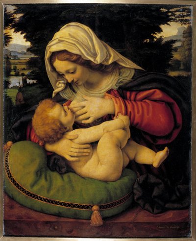 安德里亚·索拉里奥 (Andrea Solario，1460-1522) 的《圣母与绿垫》画作，15 世纪太阳。 0,59x0,47 m 作者 Andrea Solario