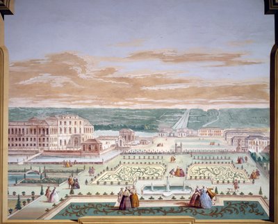 别墅和想象中的花园的透视画，由安德烈-乌尔巴尼（1711-1798）在威尼托州斯特拉的皮萨尼别墅绘制的壁画。意大利 作者 安德里亚·乌尔巴尼（Andrea Urbani）