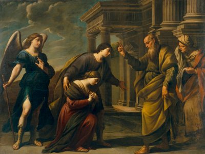 Raguel benit sa fille Sarah avant son depart pour Ecbatane avec Tobie（《拉盖尔在与托比亚斯离开埃克巴塔纳之前对女儿莎拉的祝福》） -Peinture de Andrea Vaccaro (1604-1670)，纸面油画（200.3x262 厘米），1640 年，意大利 17 世纪艺术、 作者 安德里亚·瓦卡罗（Andrea Vaccaro）