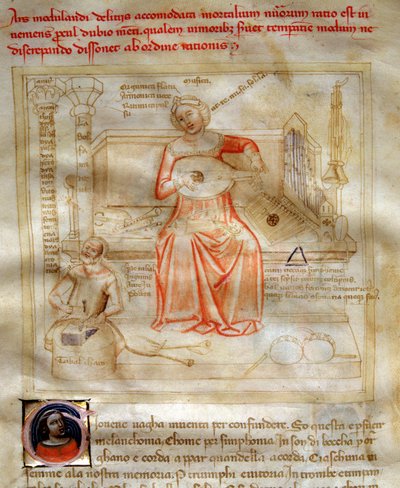 Allegorie de la Musique in “” Chansonne des sept Vertus et des sept Arts liberales destinee à Bruzio Visconti” (La Canzone delle Virtu e delle Scienze) by Bartolomeo di Bartoli. Watercolour by Andrea di Bartoli (active between 1358 and 1368) (ms. 599, fol. 作者 安德里亚·德·巴托利