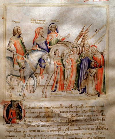 The author kneels to present his book to the young prince Visconti of Milan in “” Song of the Seven Vertus and the Seven Liberal Arts destinee for Bruzio Visconti” (La Canzone delle Virtu e delle Scienze) by Bartolomeo di Bartoli. Watercolour by Andrea di  作者 安德里亚·德·巴托利
