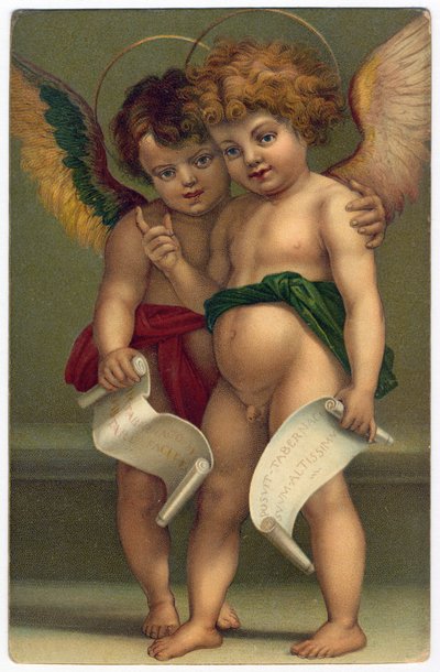 两个天使。虔诚的图像，根据画家ANDREA DEL SARTO（1486-1530）的作品，德累斯顿，约1910年（色版画）。 作者 安德里亚·德尔（后）萨托