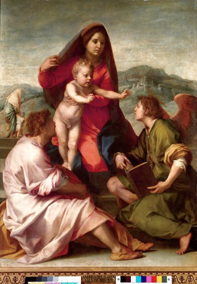 麦当娜德拉斯卡拉。 与天使的神圣家庭。 Andrea del Sarto (1486-1531) 1522-1523 作画 1,77x1,35 m 马德里，普拉多博物馆 作者 安德里亚·德尔·萨托（Andrea del Sarto）