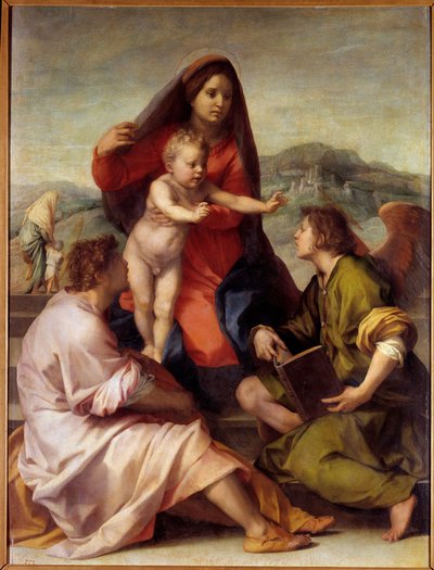 Madonna della Scala. Holy family with an angel. Painting by Andrea del Sarto (1486-1531) 1522-1523 Sun. 1,77x1,35 m Madrid, Prado Museum 作者 安德里亚·德尔·萨托（Andrea del Sarto）