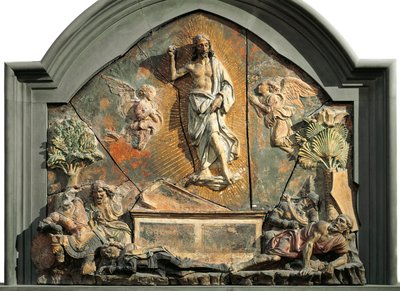 基督的复活（沉睡的士兵被描绘为 Laurent de Medici (Lorenzo the Magnificent) Andrea del Verrocchio (1437-1488) 15 世纪 Museo Nazionale del Bargello 佛罗伦萨的彩色赤陶浮雕 作者 安德里亚·德尔·弗罗基基奥