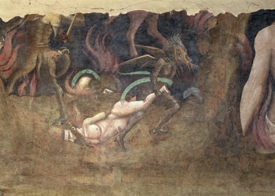 死亡的胜利，一个将罪人带入地狱的恶魔的细节，1348壁画 作者 安德里亚·迪·西奥内·奥卡尼亚