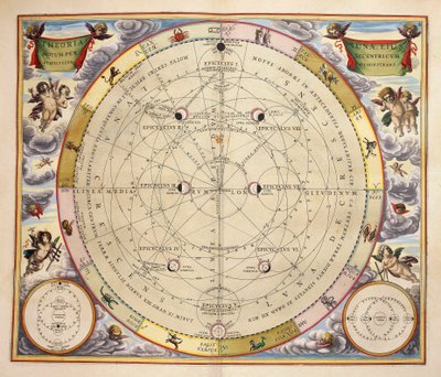 月相及其轨道，来自Harmonia Macrocosmica的雕刻，作者Andreas Cellarius（1596-1665）。 作者 安德鲁·塞拉瑞斯