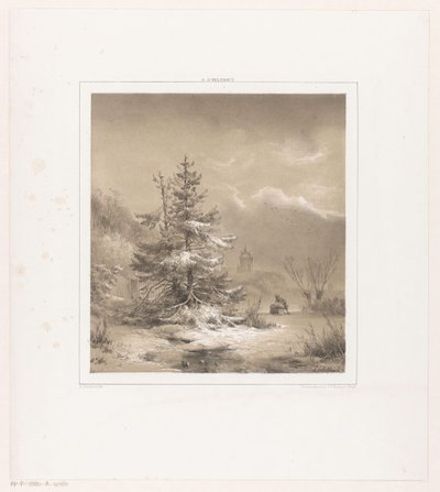 冬季景观：针叶树和驾雪橇的男子 作者 荷兰皇家 Steendrukkerij van CW Mieling