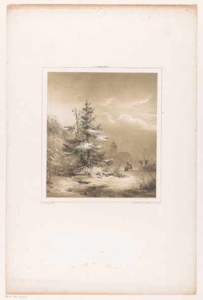 冬季景观：针叶树和驾雪橇的男子 作者 荷兰皇家 Steendrukkerij van CW Mieling