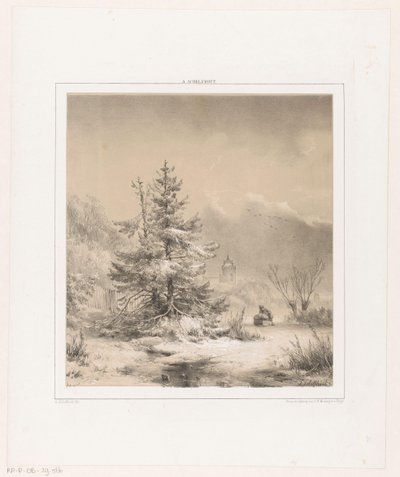 冬季景观：针叶树和驾雪橇的男子 作者 荷兰皇家 Steendrukkerij van CW Mieling