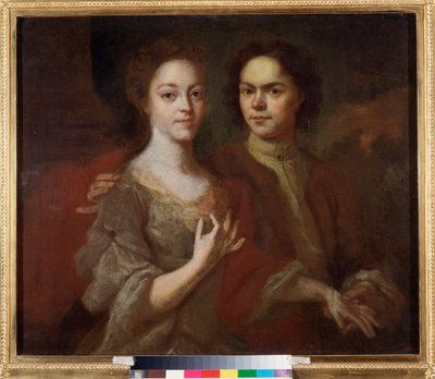 与妻子的自画像》（Autoportrait avec son epouse）--安德烈-马特维耶夫（马特维耶夫）（1701-1739 年）的画作，纸上水彩，1729 年 - 俄罗斯艺术，18 世纪肖像画 - 俄罗斯国立博物馆，圣彼得堡 作者 安德烈·马特维耶夫（Andrei Matveyev）