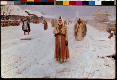 周日。冬天，在大莫斯科地区一条积雪覆盖的道路上，古俄罗斯动乱时期（16-17 世纪），身着传统服装的男男女女波雅尔人（boiards，boiars）正从教堂返回。画家：安德烈 作者 Andrei Petrovich Ryabushkin