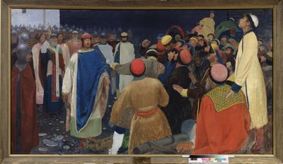 格列布·斯维亚托斯拉维奇王子（Gleb Sviatoslavitch，卒于 1079 年）在诺夫哥罗德的一个 vesche 杀死了一名 volkhve（斯拉夫法师占卜者）。 安德烈·彼得罗维奇·里亚布什金 (Riaboutchkine) (1861-1904) 绘画，布面油画 作者 安德烈·彼得罗维奇·里亚布什金
