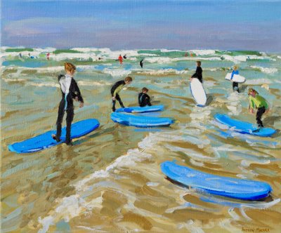 蓝色冲浪板，布德。20x24",2019,(布面油画) 作者 安德鲁·马卡拉（Andrew Macara）
