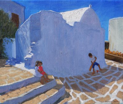 教堂墙上的板球，米克诺斯（布面油画） 作者 安德鲁·马卡拉（Andrew Macara）