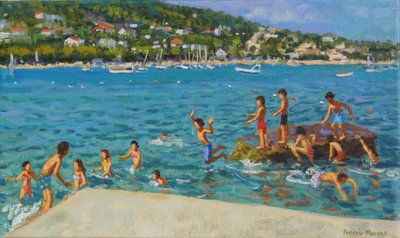 从岩石上跳下；Cinque Terre，Positano，意大利，2000（布面油画）。 作者 安德鲁·马卡拉（Andrew Macara）