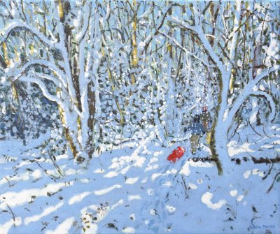 红色雪橇，Allestree 公园，德比，2022 年（布面油画） 作者 安德鲁·马卡拉（Andrew Macara）