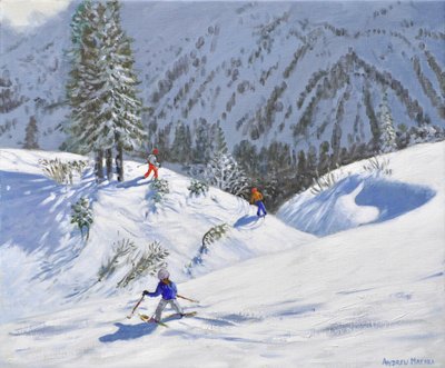 三位滑雪者，奥地利基茨布厄尔，2024 年（布面油画） 作者 安德鲁·马卡拉（Andrew Macara）