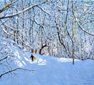 黄色和橙色雪橇，Allestree公园，德比。 36 x40,2018， 作者 安德鲁·马卡拉（Andrew Macara）