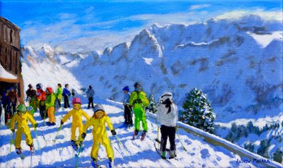 年轻滑雪者以黄色，Val加迪纳意大利12x20 作者 安德鲁·马卡拉（Andrew Macara）