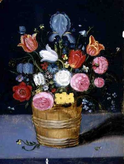 木盆里的花静物（板面油画） 作者 安德里斯·丹尼尔斯或丹尼尔斯