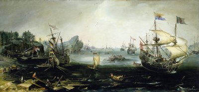 荷兰船只在斯堪的纳维亚峡湾装载木材。油画，作者 Andries van Eertvelt（1590-1652 年）。 作者 安德斯·范·埃特维尔特