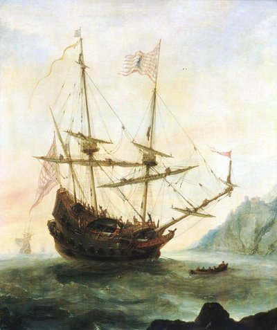 起锚的 "圣玛丽亚号"，约 1628 年（木板油画） 作者 安德斯·范·埃特维尔特