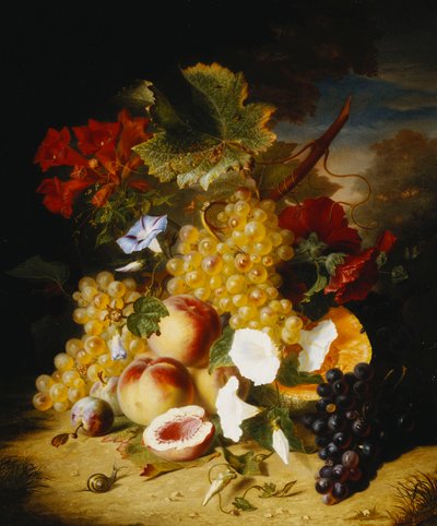 风景中的桃子，葡萄，甜瓜，惊厥和其他花朵， 作者 Ange Louis Guillaume Lesourd Beauregard