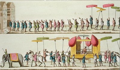 缅甸国王的游行，插图来自朱利奥-费拉里奥的《古今服饰》，约19世纪20-30年代出版（彩色雕刻）。 作者 Angelo (after) Biasioli