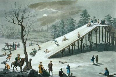 俄罗斯公共公园的雪滑梯，19世纪初（彩色版画） 作者 安吉洛·比亚西奥利（Angelo Biasioli）