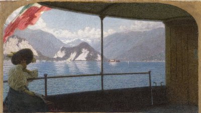 马焦雷湖上的一艘船--安吉洛-莫贝利（1853-1919）。布面油画 作者 安吉洛·莫贝利（Angelo Morbelli）