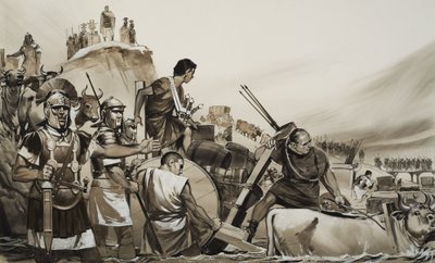 凯撒大帝（公元前 100-44 年）率领士兵渡过卢比肯小河，向罗马进军（水粉画，纸面） 作者 安格斯·麦克布莱德