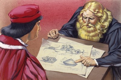 达芬奇向卢多维科-斯福尔扎解释可能的战争引擎（纸面水粉画） 作者 安格斯·麦克布莱德