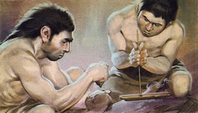 史前人类生火（彩色石版画） 作者 安格斯·麦克布莱德