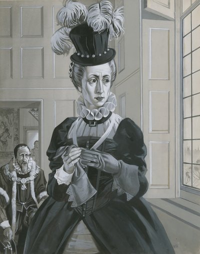 伊丽莎白一世女王，听到苏格兰女王玛丽被处决的消息（纸面水粉画） 作者 安格斯·麦克布莱德