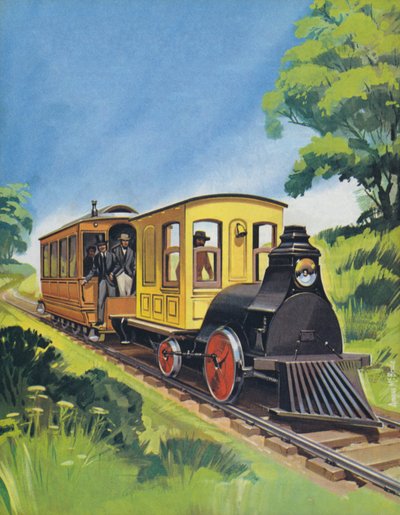 托马斯-爱迪生的电动火车，1882 年制造（彩色石版画） 作者 安格斯·麦克布莱德