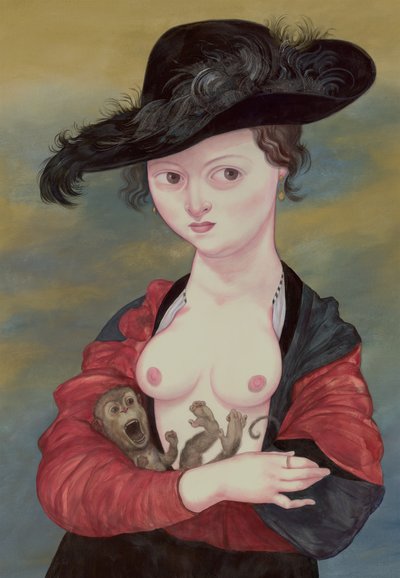 带着蒂蒂的女士肖像》，2016 年（插图板上的丙烯颜料） 作者 安妮塔昆兹