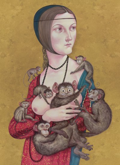有猴子的女人》，2016 年（插图板上的丙烯颜料） 作者 安妮塔昆兹