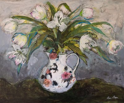 铁石壶中的白色郁金香，2019（丙烯酸） 作者 安·奥拉姆
