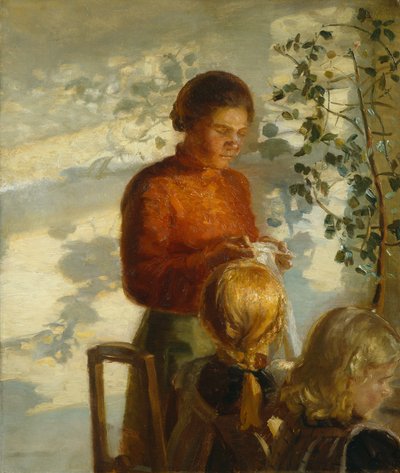 教小女孩缝纫，约 1910 年（绘画） 作者 安娜·克斯汀·安彻