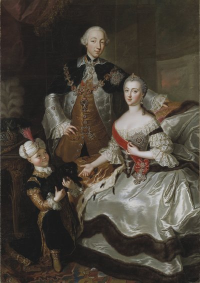彼得三世费奥多罗维奇，俄罗斯皇帝和凯瑟琳·阿列克谢耶夫娜 (Catherine II) - 彼得·费奥多罗维奇大公和凯瑟琳·阿列克谢耶夫娜大公的肖像，由 Lisiewska, Anna Rosina (1713-1783) 绘制。 布面油画 作者 安娜·罗西娜·丽丝维斯卡
