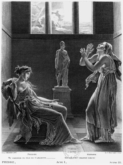Phaedra和Oenone，由Jean Racine（1639-99）拍摄的第一幕&39;Phedre&39;场景3插图由Raphael Urbain Massard（1775-1843）1824年刻 作者 安妮·路易斯·吉罗代德·鲁西·特里森