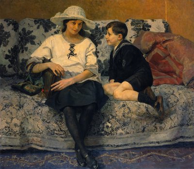 沙发上的女孩和男孩（布面油画） 作者 安妮·玛丽·亨丽埃塔·布雷哈特