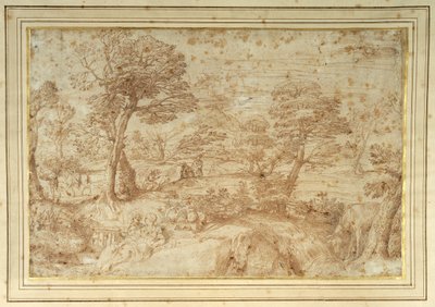 安尼巴莱·卡拉奇（Annibale Carracci）（纸上的钢笔和棕色墨水）从埃及起飞后的风景 作者 Annibale (studio of) Carracci