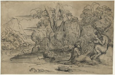 山水画中的萨提尔吹笛、妇女和傀儡 作者 Annibale Carracci（归因于）